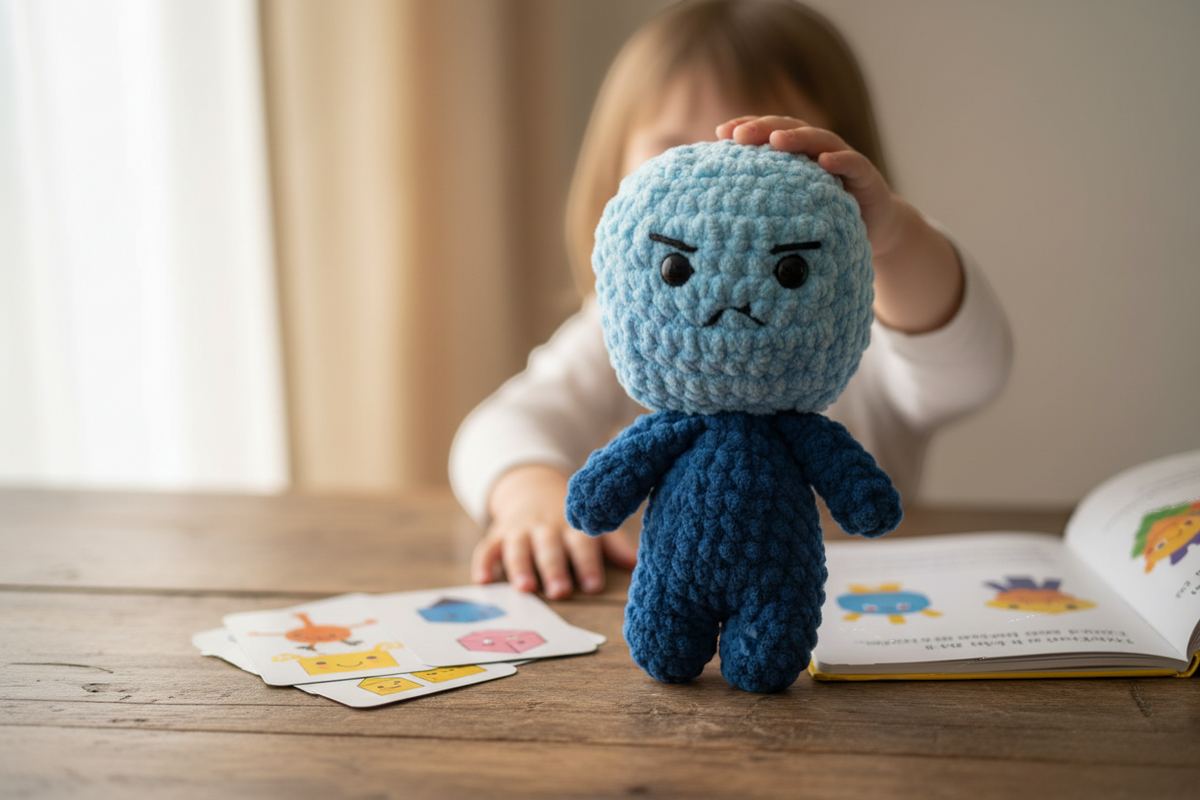 Bloki Handpuppe mit starkem Gesichtsausdruck steht vor einem Kind beim Spielen und Lernen