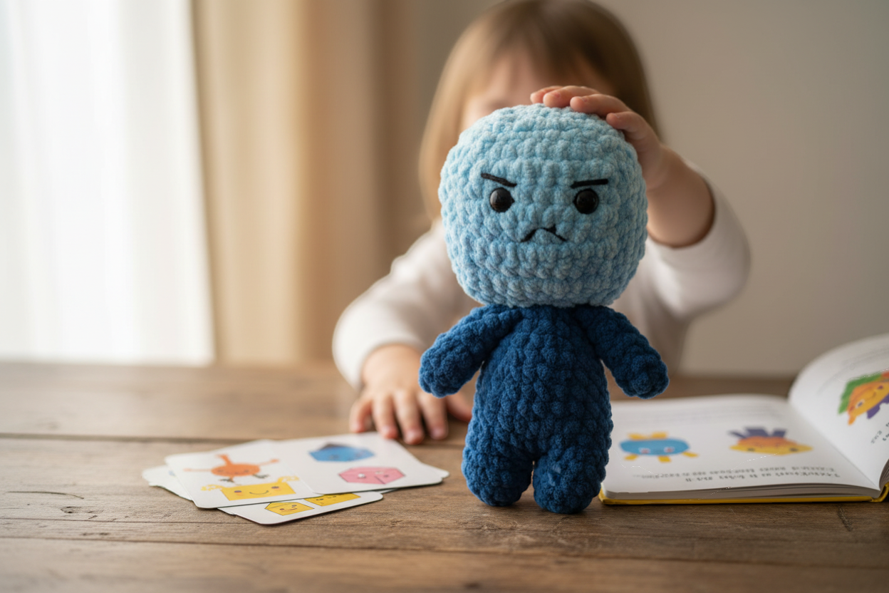 Bloki Handpuppe mit starkem Gesichtsausdruck steht vor einem Kind beim Spielen und Lernen