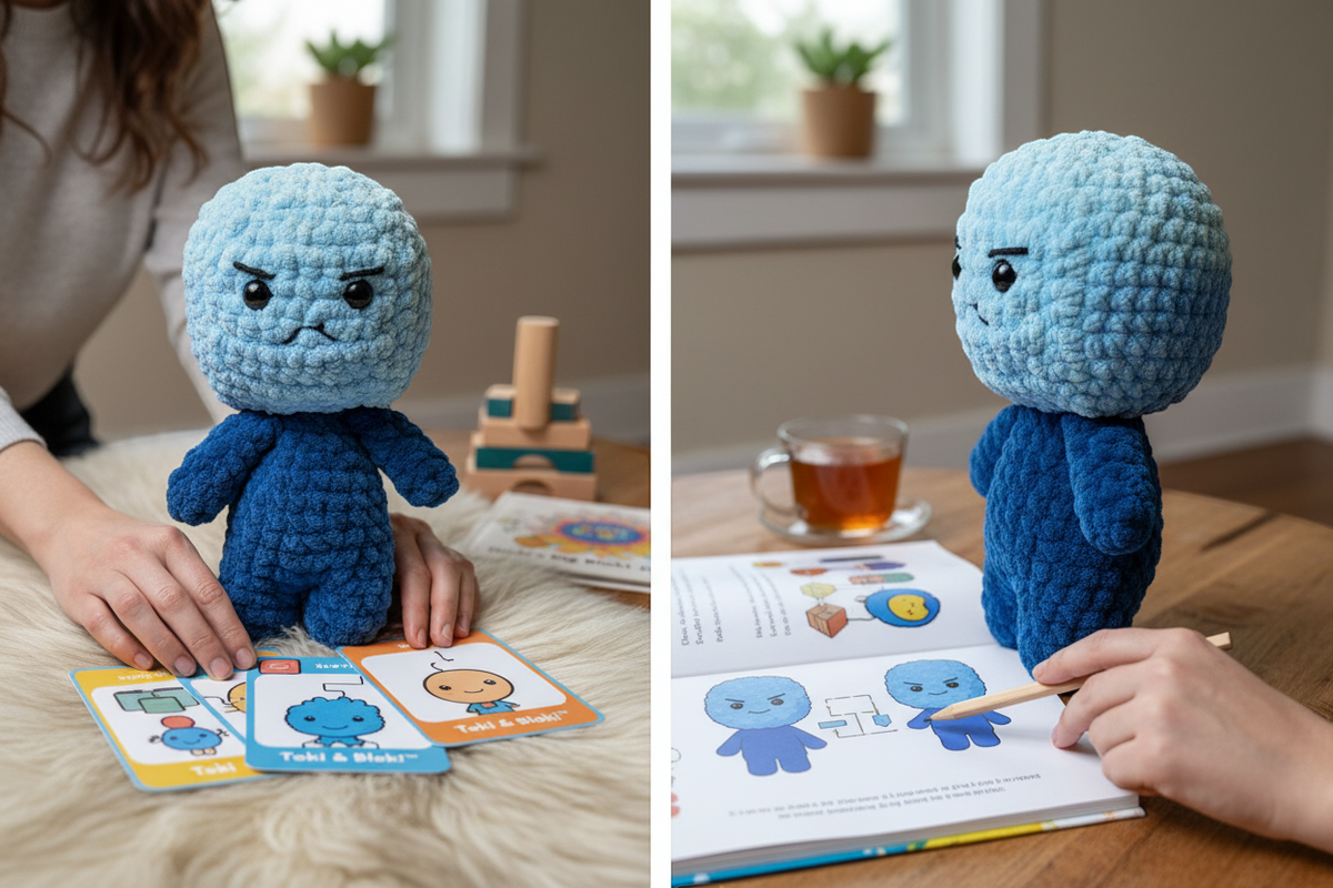 Bloki Handpuppe im Einsatz beim Spielen und Lernen mit Karten und Buch für Kinder