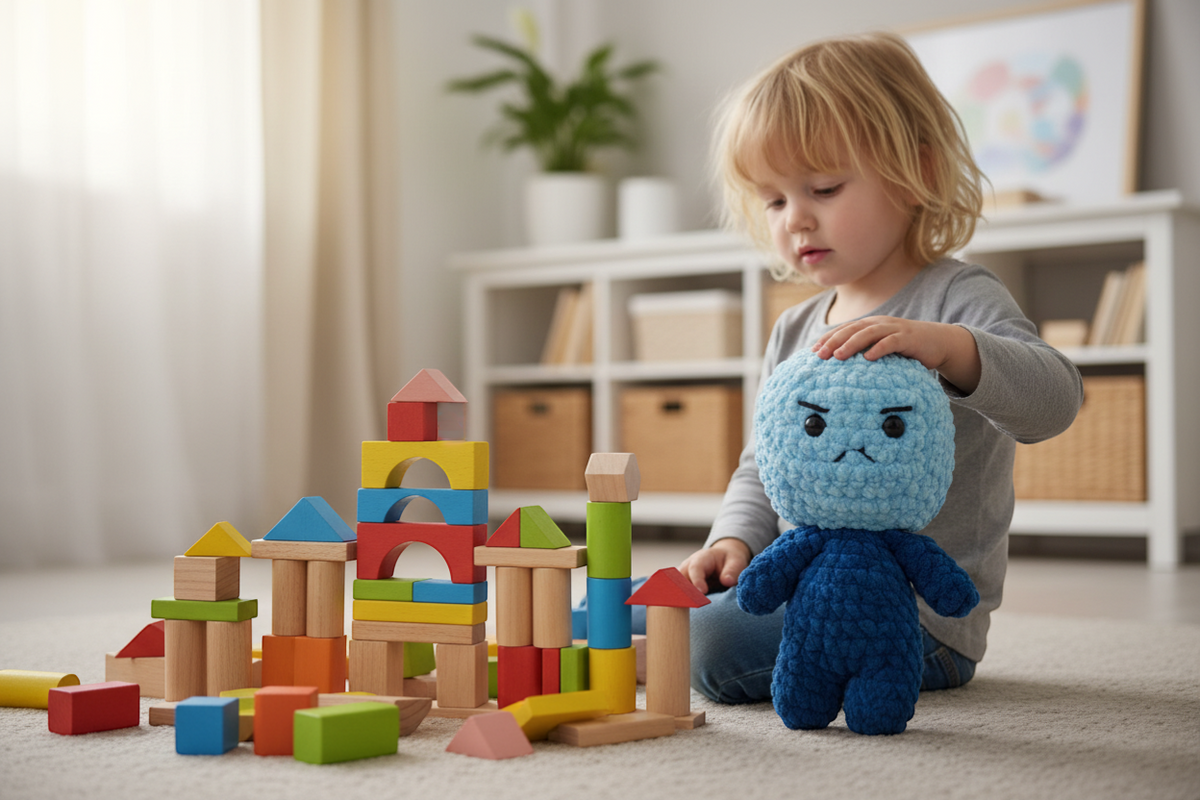 Kind spielt mit Bausteinen und Bloki Handpuppe als unterstützender Begleiter beim Bauen und Lernen