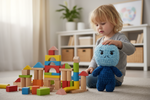 Kind spielt mit Bausteinen und Bloki Handpuppe als unterstützender Begleiter beim Bauen und Lernen