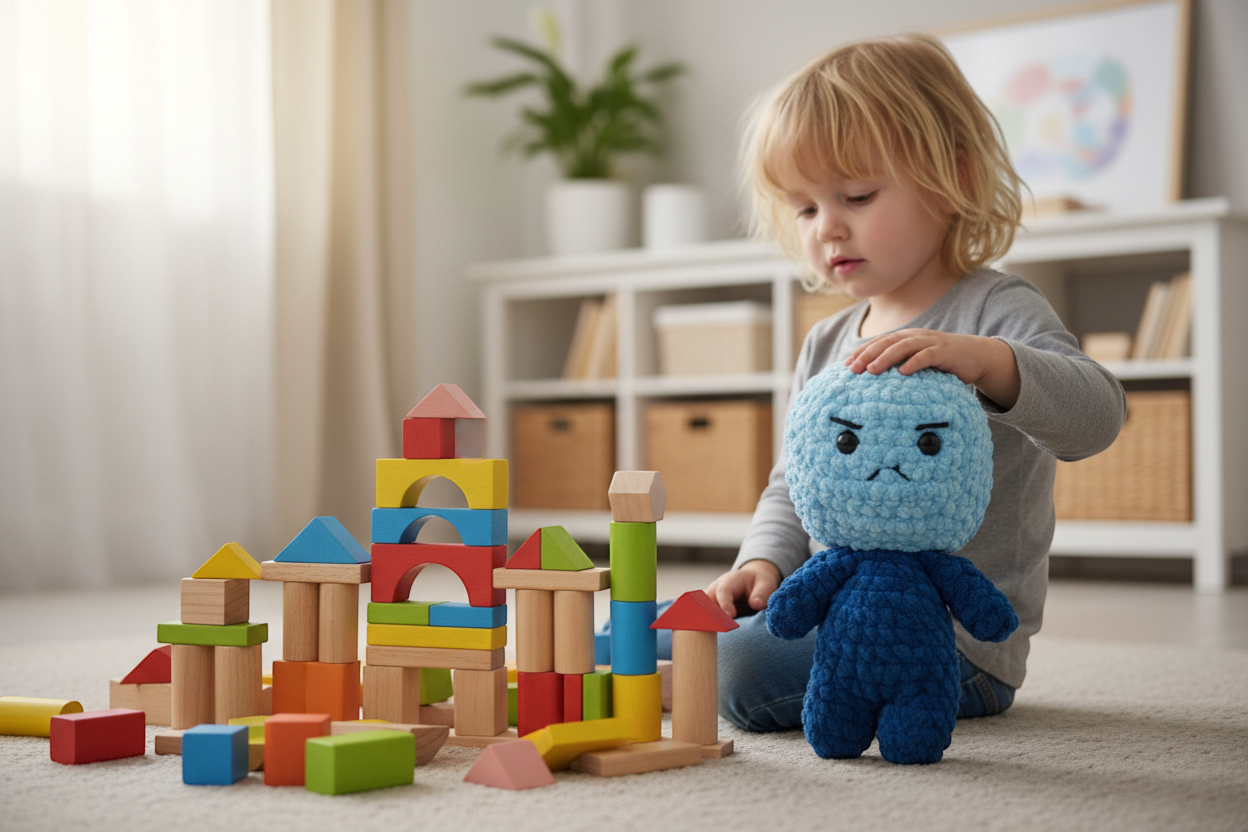 Kind spielt mit Bausteinen und Bloki Handpuppe als unterstützender Begleiter beim Bauen und Lernen