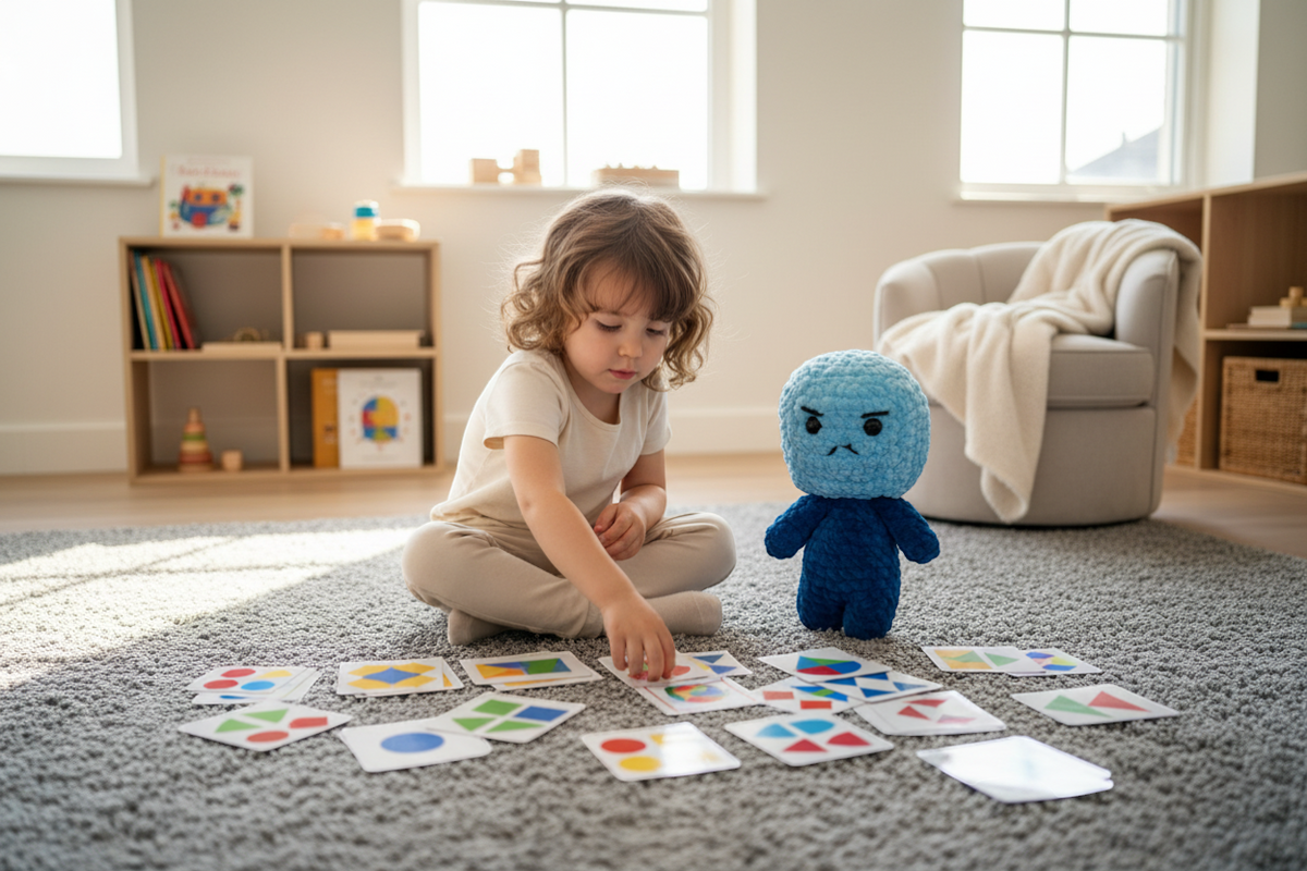 Kind ordnet Karten auf dem Boden während die Bloki Handpuppe als unterstützender Begleiter daneben steht