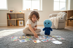 Kind ordnet Karten auf dem Boden während die Bloki Handpuppe als unterstützender Begleiter daneben steht