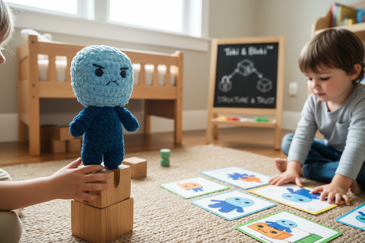 Bloki Handpuppe steht auf Holzbausteinen während Kinder mit Karten spielen und Selbstvertrauen entwickeln