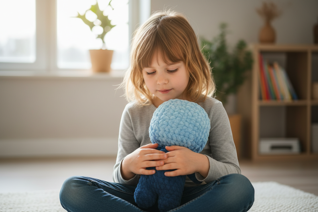 Kind hält Bloki Handpuppe liebevoll im Arm und zeigt emotionale Bindung und Vertrauen