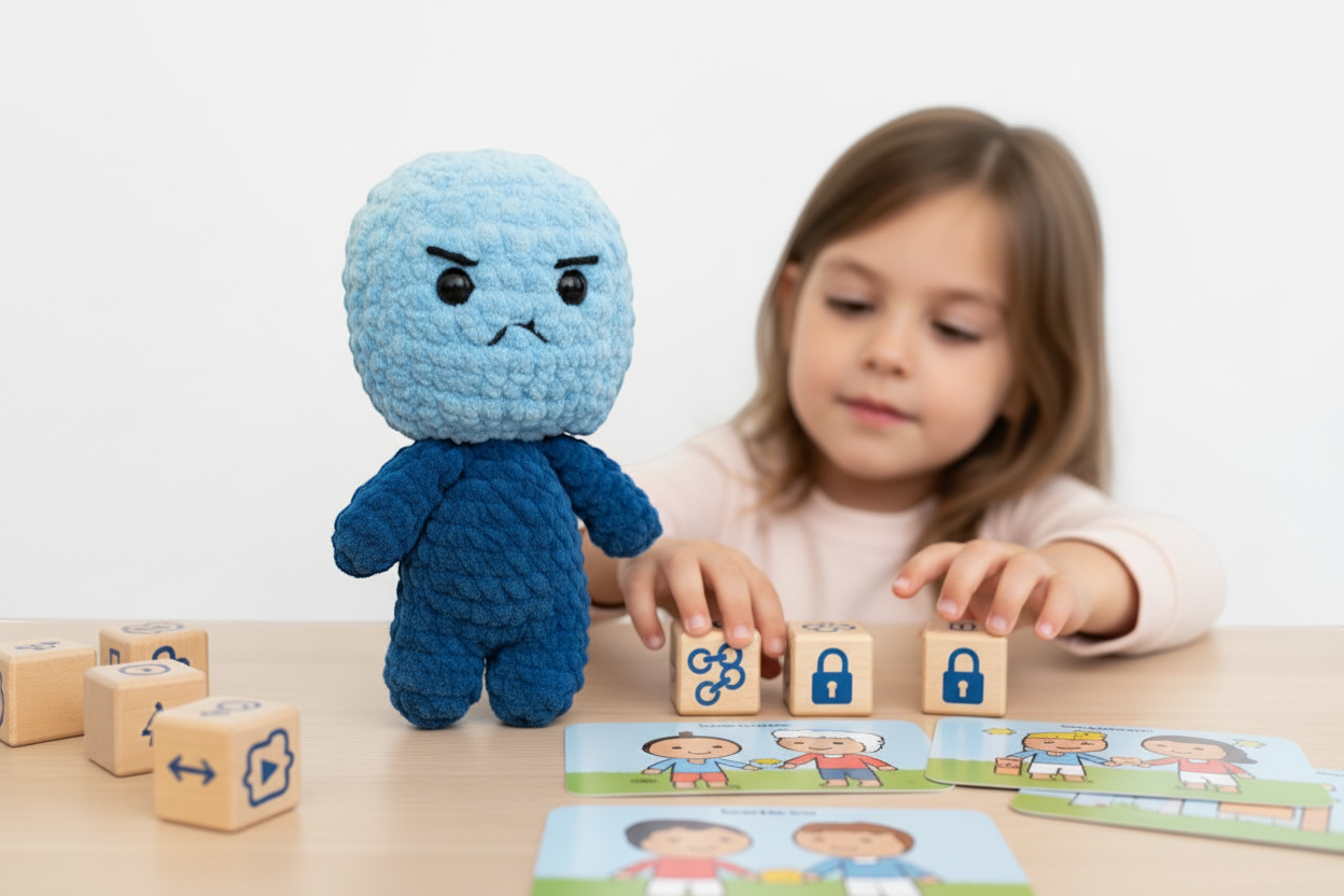 Bloki Handpuppe auf weißem Hintergrund mit Kind im Hintergrund beim Spielen und Lernen