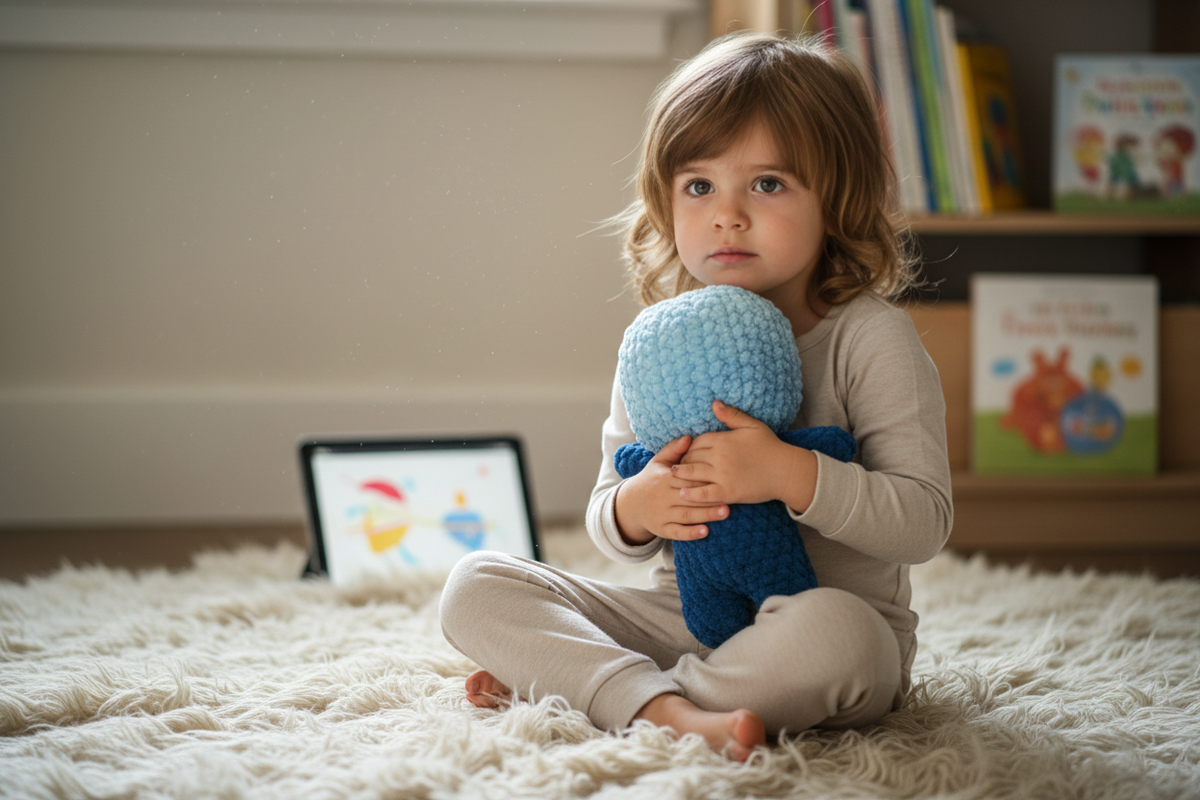 Kind umarmt Bloki Handpuppe und sucht Sicherheit und Geborgenheit im Kinderzimmer