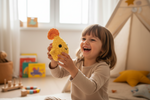 Kind spielt lachend mit Gasi Handpuppe und zeigt Freude beim Spielen