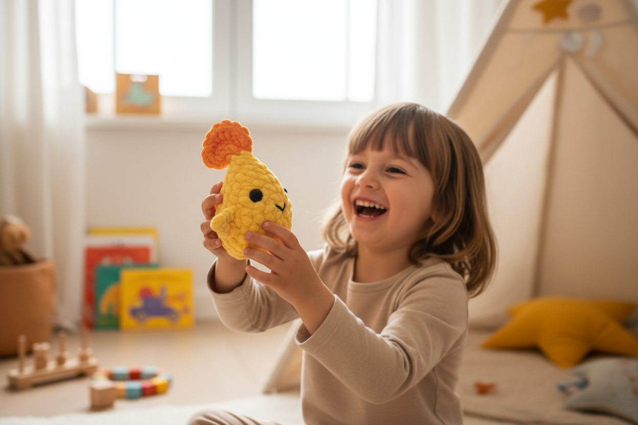 Kind spielt lachend mit Gasi Handpuppe und zeigt Freude beim Spielen