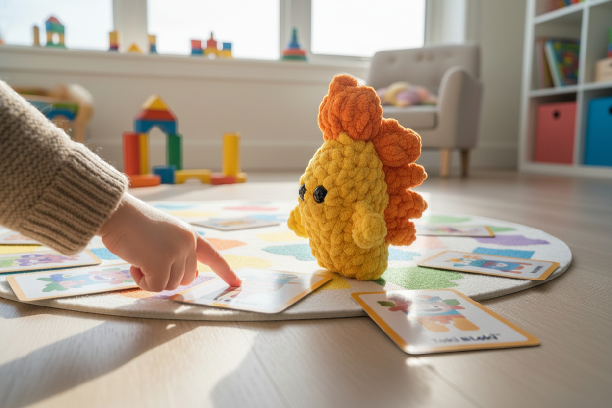 Kind spielt mit Gasi Handpuppe und Karten und lernt spielerisch durch Interaktion