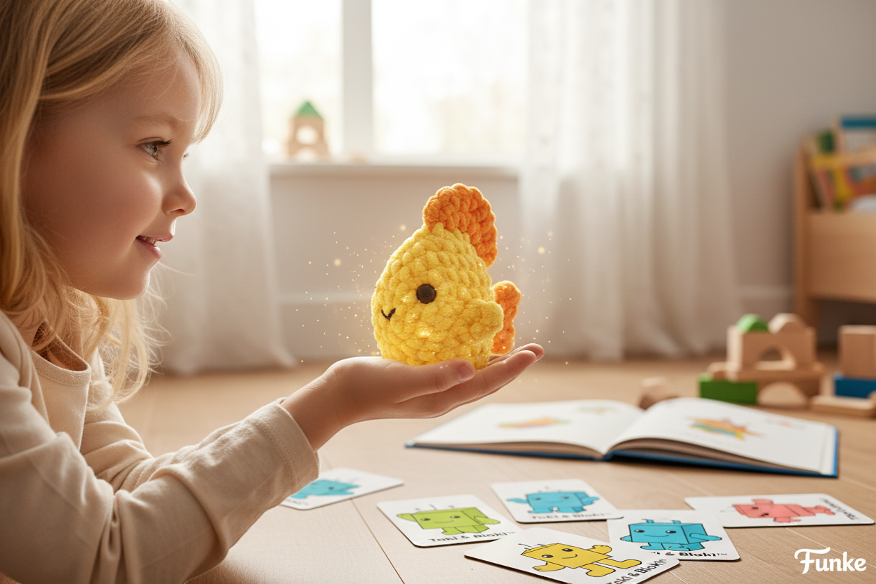 Kind hält Gasi Handpuppe mit leuchtenden Funken und entdeckt spielerisch Fantasie und Magie
