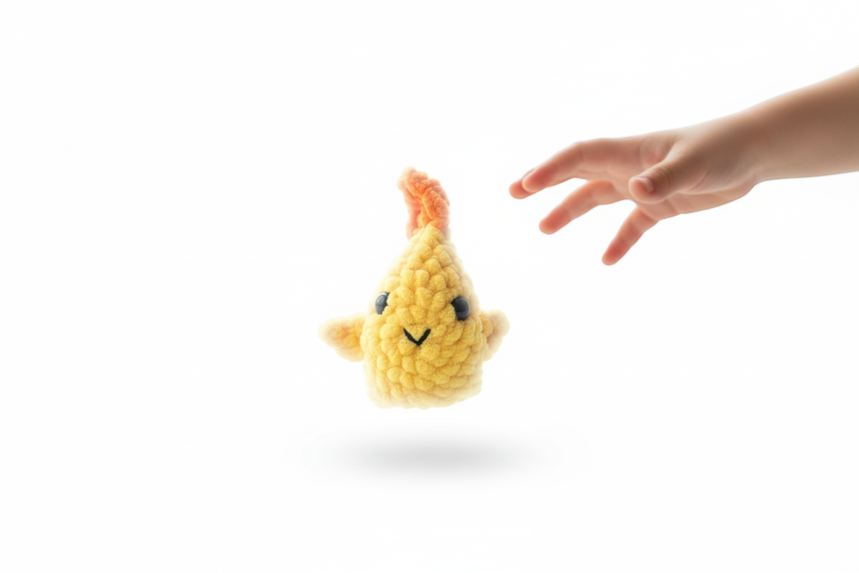 Gasi Handpuppe schwebend vor weißem Hintergrund mit Hand für minimalistisches Produktbild