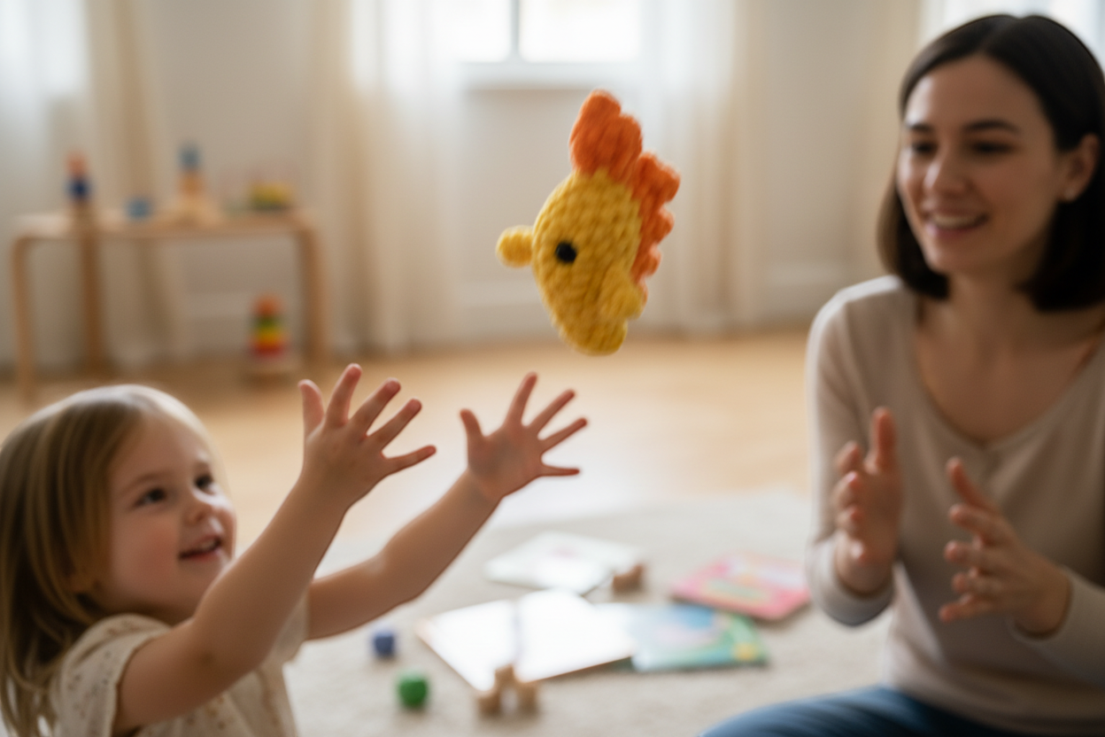 Kind spielt mit Gasi Handpuppe in der Luft und zeigt Freude und Bewegung beim Spielen