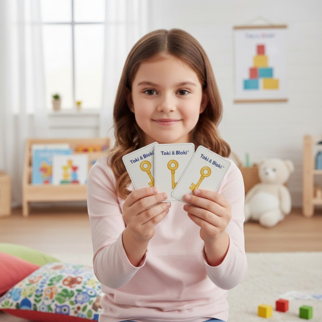 Toki & Bloki family card game featuring cute animal illustrations and a golden key, held by a smiling young girl.