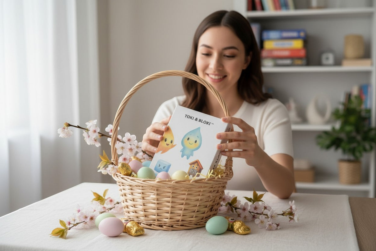 Toki & Bloki family card game in a basket with Easter eggs and cherry blossoms. Features cute characters like a fire droplet and ice cube.