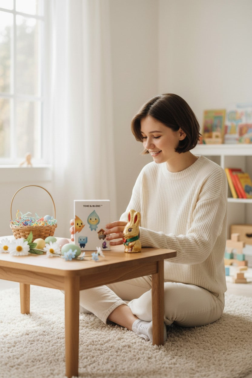 Toki & Bloki
™ family card game box featuring cute characters: a yellow flame, a blue water drop, an angry blue cube, a birdhouse, and a purple hacker character.