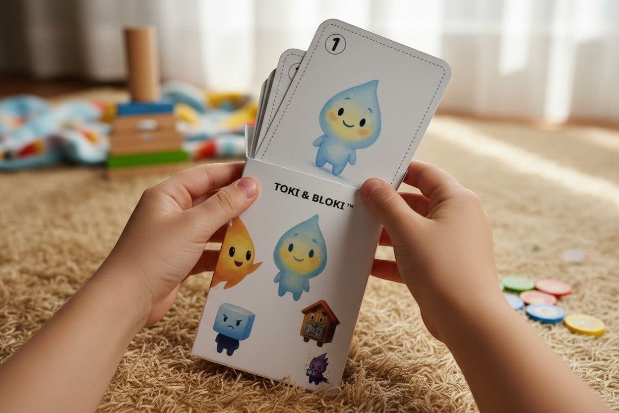 Toki & Bloki family card game featuring cute characters like a blue water drop, orange flame, and grumpy ice cube. For ages 4+.