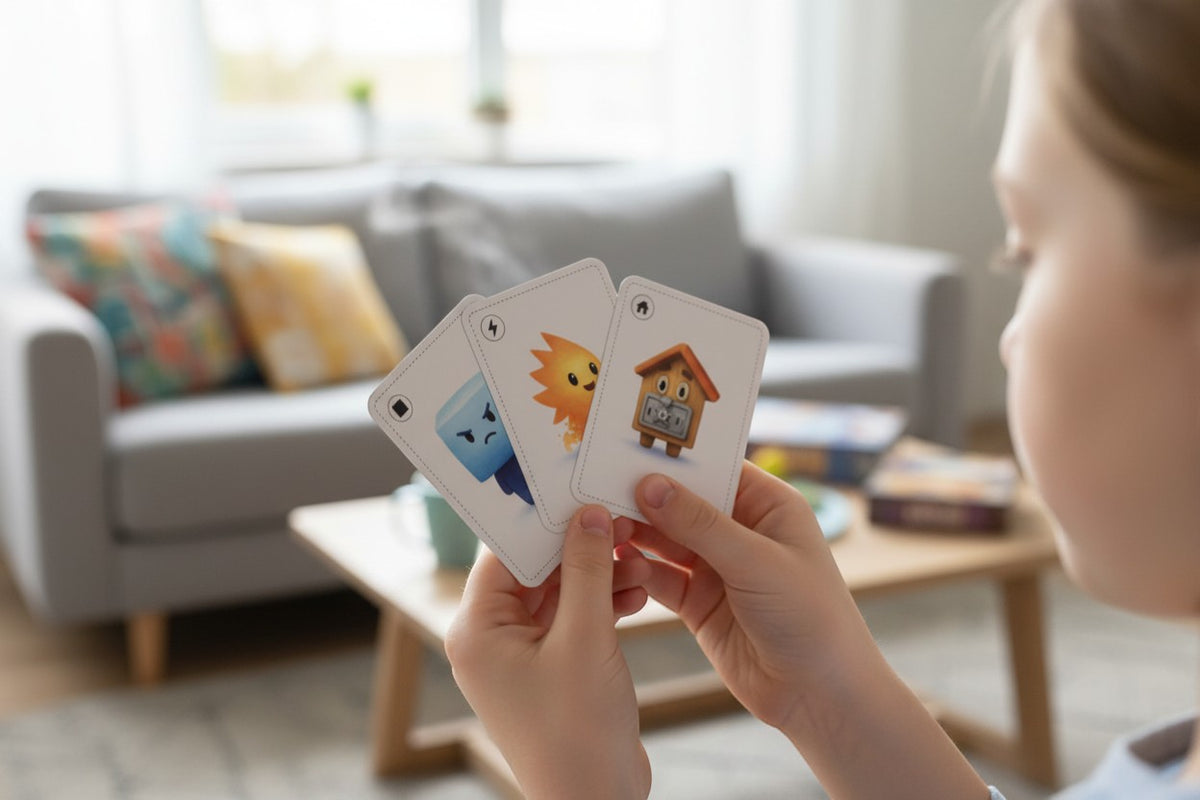 Toki & Bloki family card game featuring cute characters: a grumpy blue ice cube, a fiery orange spirit, a house-like safe, and a purple pixelated ghost.