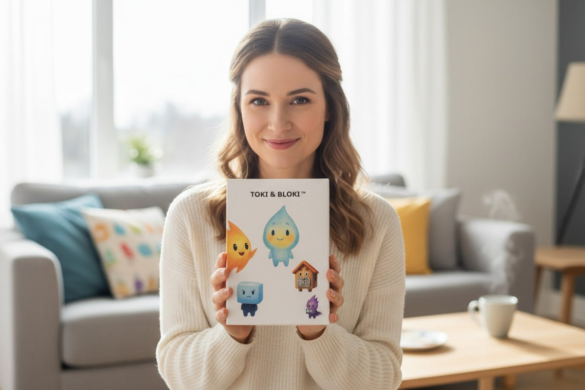 Toki & Bloki
tm family card game box featuring cute characters: a yellow flame, a blue droplet, an angry blue cube, a wooden house, and a purple hacker character.