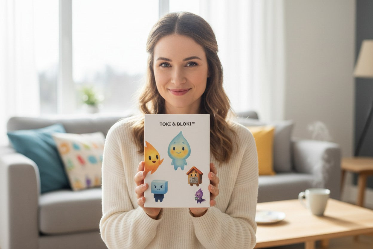 Toki & Bloki
tm family card game box featuring cute characters: a yellow flame, a blue droplet, an angry blue cube, a wooden house, and a purple hacker character.