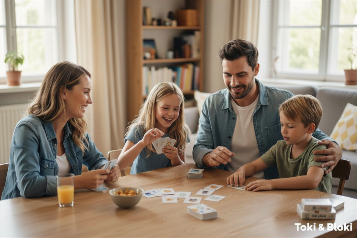 Toki & Bloki family card game with cute characters like a blue cube, water drops, and a fiery spirit.