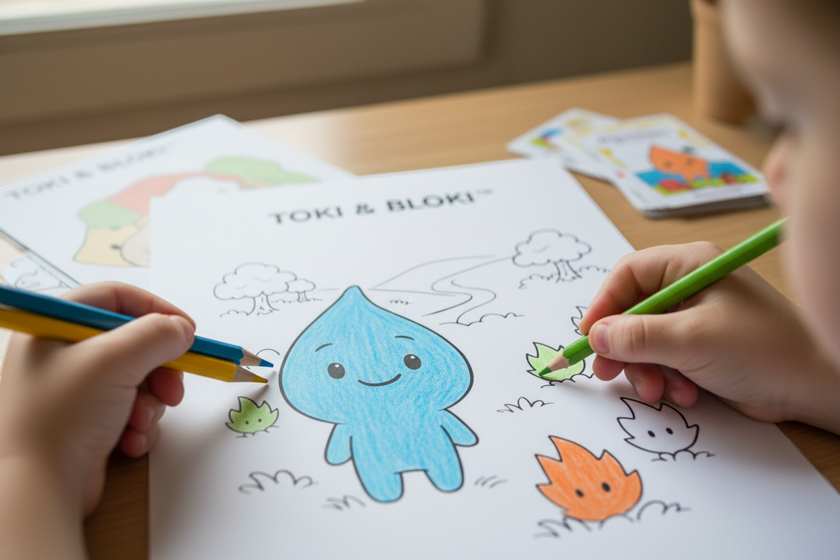 Detailaufnahme eines Kindes, das eine Seite aus dem Toki & Bloki Malbuch ausmalt und spielerisch Kreativität entwickelt