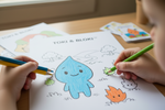 Detailaufnahme eines Kindes, das eine Seite aus dem Toki & Bloki Malbuch ausmalt und spielerisch Kreativität entwickelt