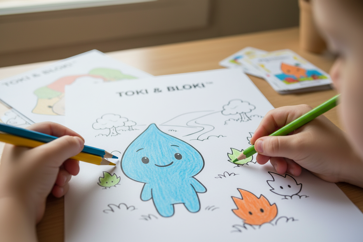Detailaufnahme eines Kindes, das eine Seite aus dem Toki & Bloki Malbuch ausmalt und spielerisch Kreativität entwickelt