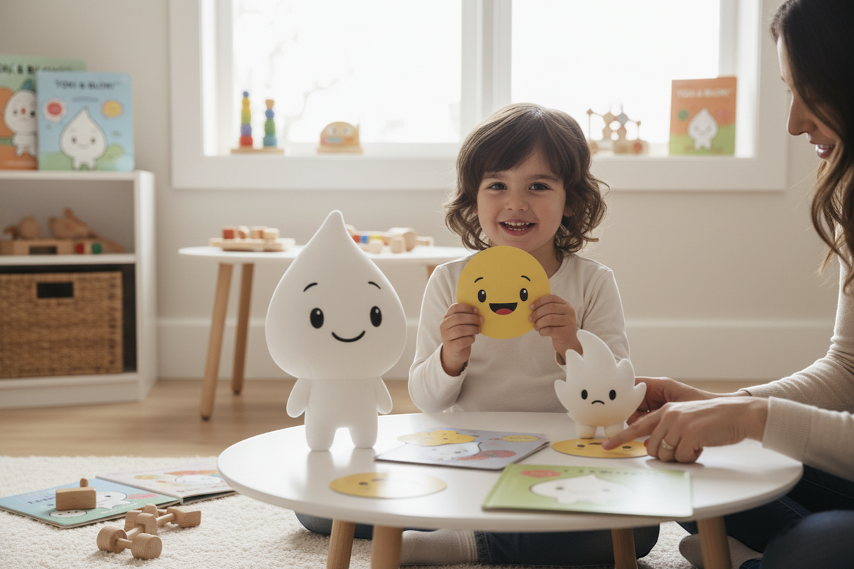 Kind lernt Gefühle spielerisch mit Toki & Bloki Malbuch und zeigt ein fröhliches Gesicht