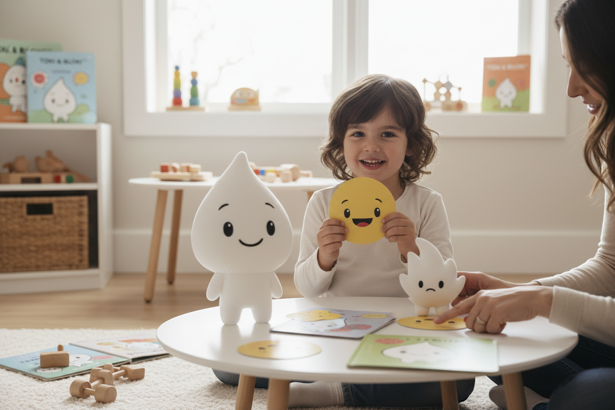 Kind lernt Gefühle spielerisch mit Toki & Bloki Malbuch und zeigt ein fröhliches Gesicht