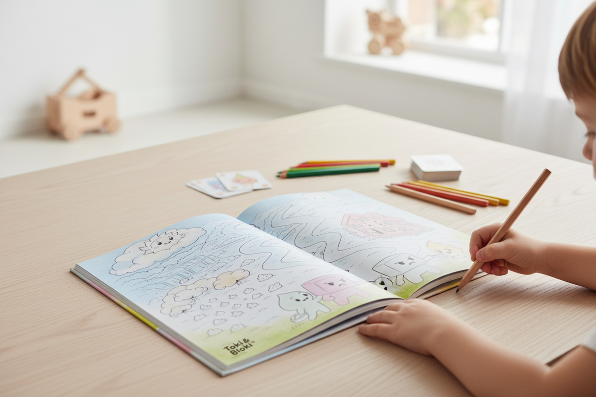 Kind malt im Toki & Bloki Malbuch und zeigt detaillierte Ausmalbilder auf den Innenseiten
