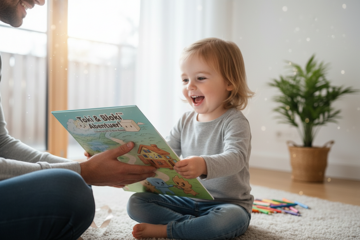 Kleines Kind freut sich über das Toki & Bloki Malbuch und erlebt spielerisch Freude und Kreativität