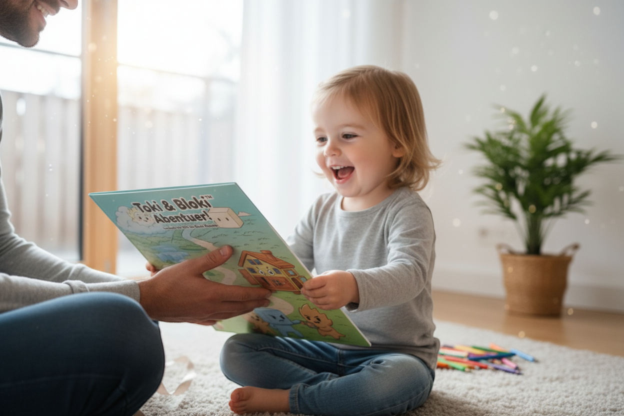 Kleines Kind freut sich über das Toki & Bloki Malbuch und erlebt spielerisch Freude und Kreativität