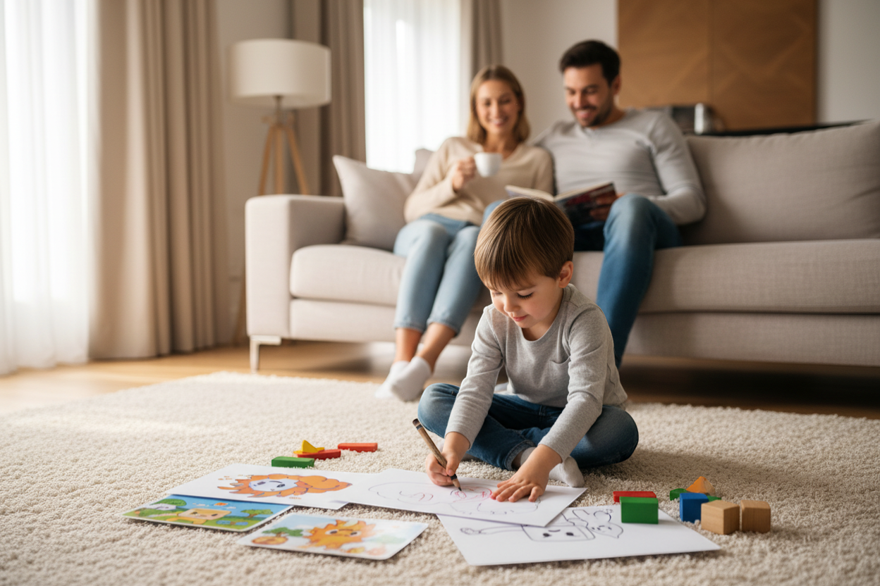 Kind malt im Toki & Bloki Malbuch während die Eltern entspannt im Hintergrund sitzen – kreative und ruhige Beschäftigung für Kinder
