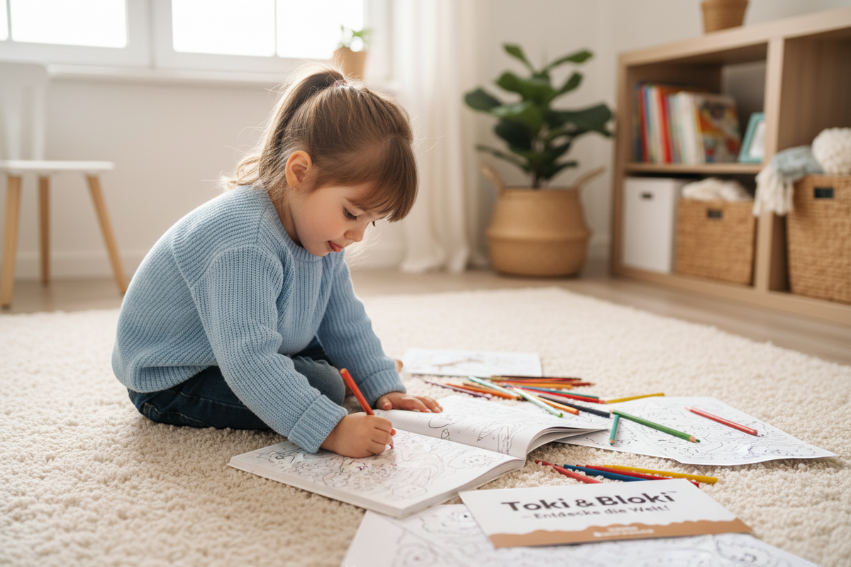 Kind malt konzentriert im Toki & Bloki Malbuch und entwickelt spielerisch Kreativität und emotionale Fähigkeiten