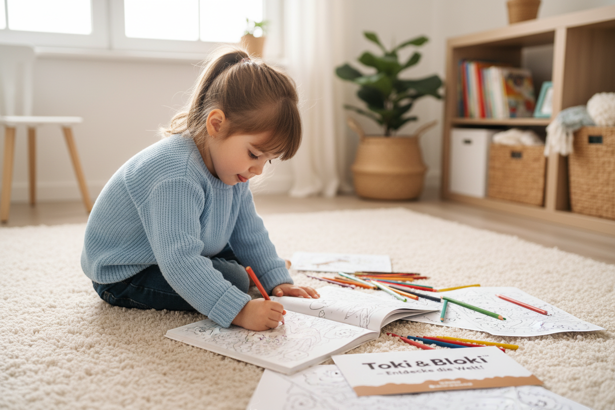 Kind malt konzentriert im Toki & Bloki Malbuch und entwickelt spielerisch Kreativität und emotionale Fähigkeiten