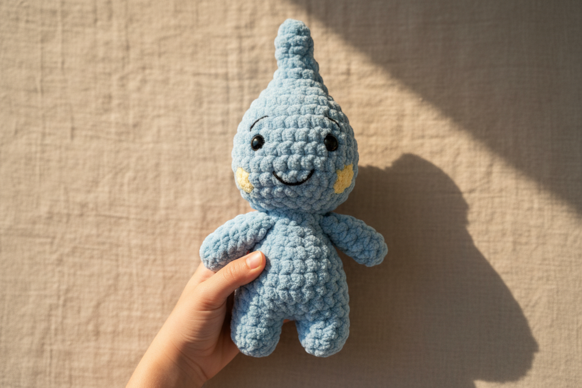 Hand hält die handgemachte Toki Handpuppe aus Stoff als sanften Begleiter für Kinder und emotionale Entwicklung