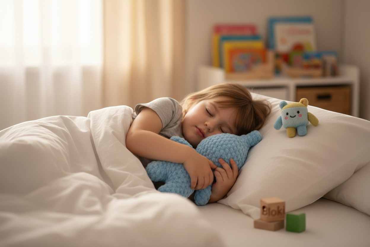 Kind schläft friedlich und hält die weiche Toki Handpuppe als tröstenden Begleiter im Bett