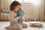 Kind umarmt die Toki Handpuppe und fühlt sich geborgen und sicher