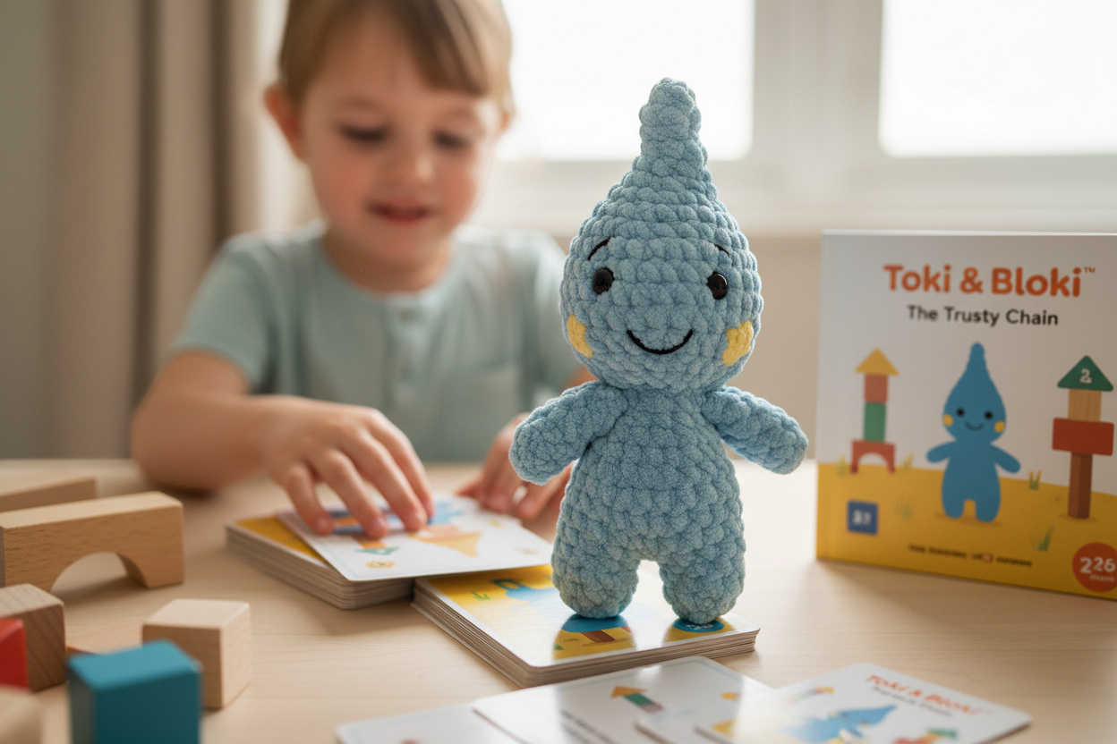 Toki Handpuppe steht auf Karten während ein Kind mit dem Toki & Bloki Kartenspiel spielt