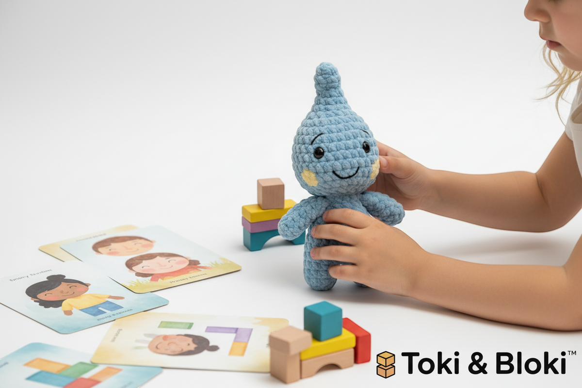 Toki Handpuppe auf hellem Hintergrund mit Kind beim Spielen und Emotionenkarten