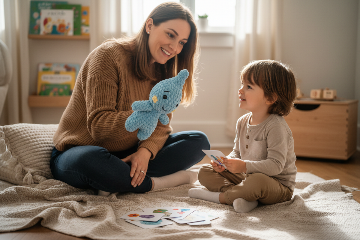 Mutter spielt mit Kind und nutzt die Toki Handpuppe für Rollenspiele und emotionale Entwicklung