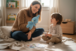 Mutter spielt mit Kind und nutzt die Toki Handpuppe für Rollenspiele und emotionale Entwicklung